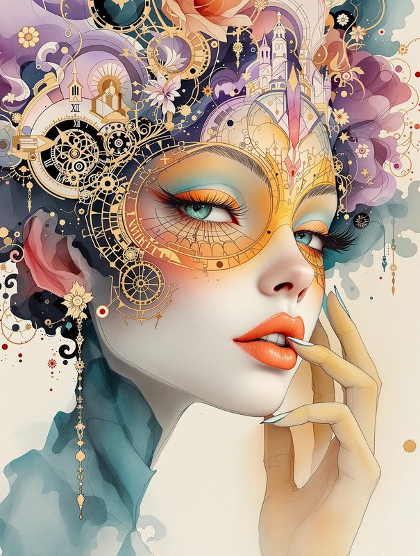 Surreal steampunk portrait of a woman with an ornate golden clockwork, floral, and fantasy headdress