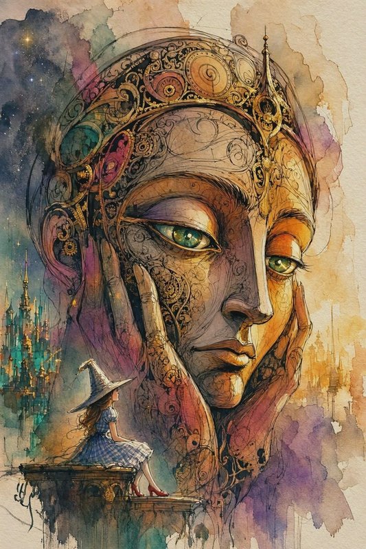 Young witch in a pointed hat gazes up at an ornate mechanical giant face in a fantasy watercolor ...