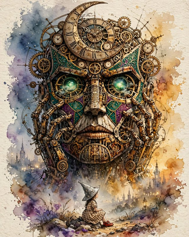 Girl in a wizard hat sits gazing up at a towering ornate steampunk clockwork giant.