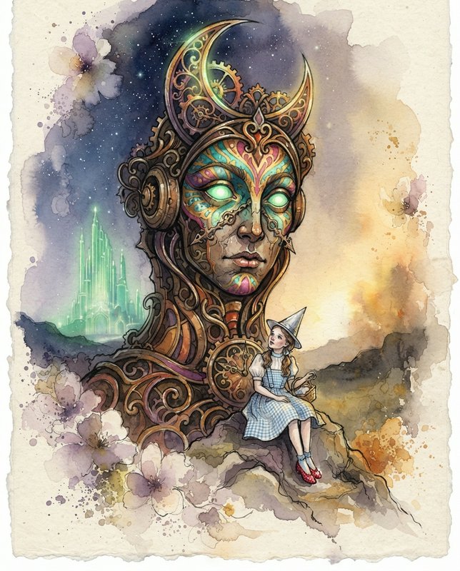 Dorothy from Wizard of Oz sits beside an ornate steampunk mechanical guardian with the Emerald Ci...