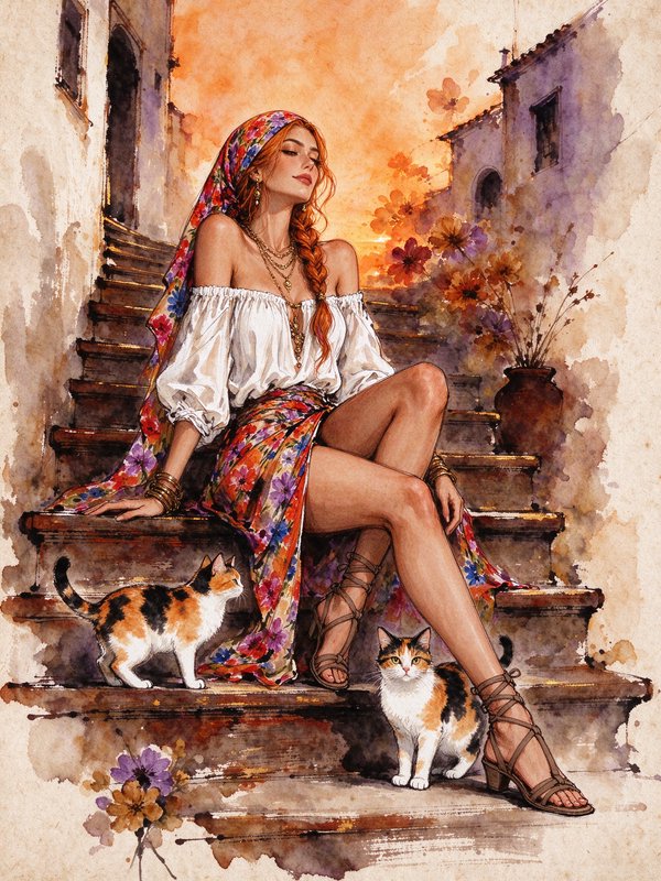 Red haired bohemian woman seated on old stone stairs with two calico cats at warm golden sunset