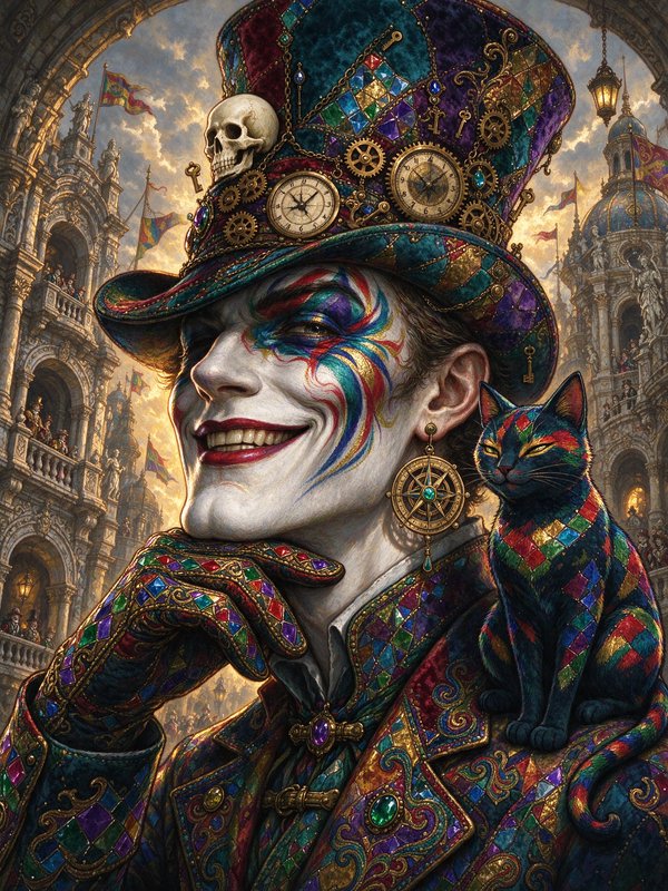 Grinning steampunk harlequin jester with an ornate clockwork top hat and matching patchwork cat o...