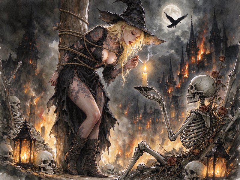 Bound blonde witch lights a cigarette from a skeleton's candle amid burning gothic ruins under a ...