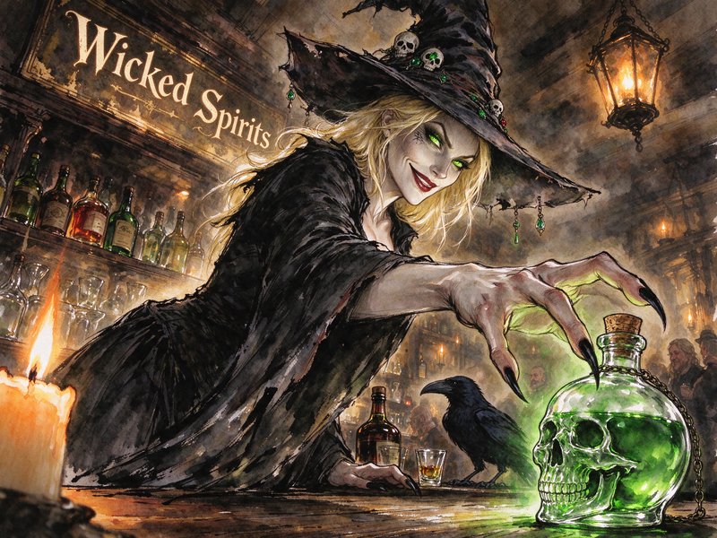 Grinning gothic witch reaches for a glowing green skull potion bottle in a spooky fantasy tavern