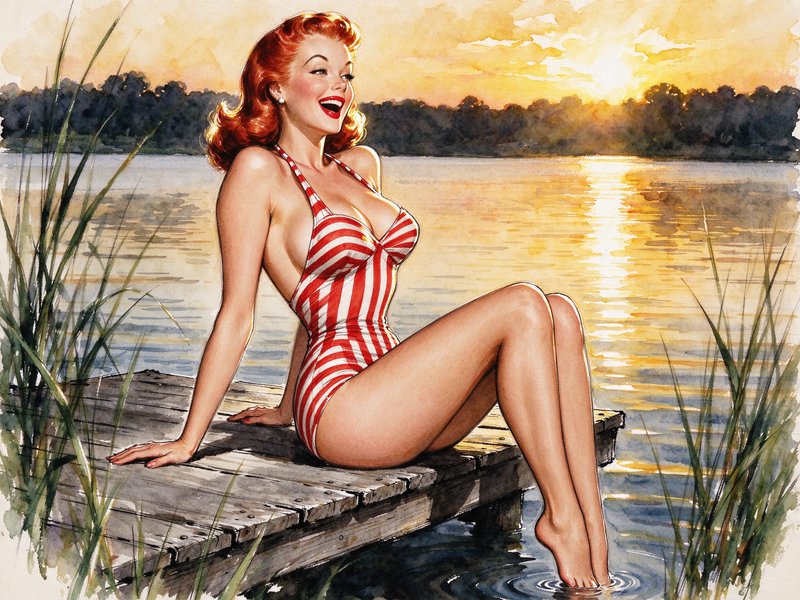 Retro pinup redhead in striped swimsuit sits on a wooden lake dock dipping her feet at sunset