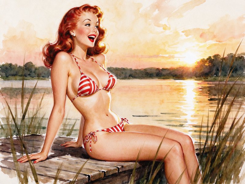 Retro pinup woman in a red and white striped bikini sits on a lake dock at golden sunset