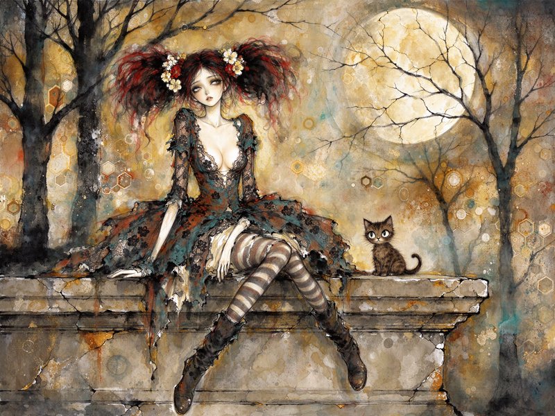Melancholy gothic fantasy girl sits on a stone ledge beside a tabby kitten under a glowing full moon