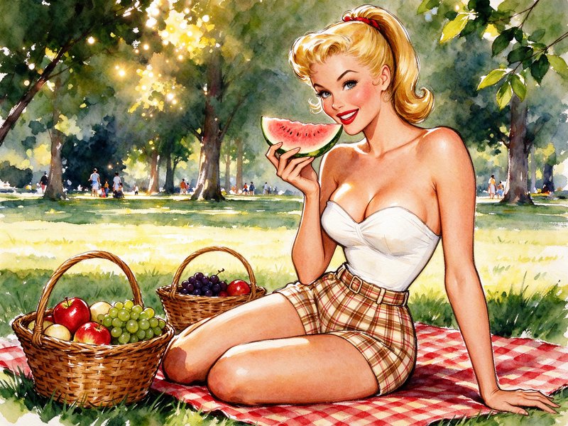 Blonde retro pinup girl holds a watermelon slice while sitting on a picnic blanket in a sunlit park