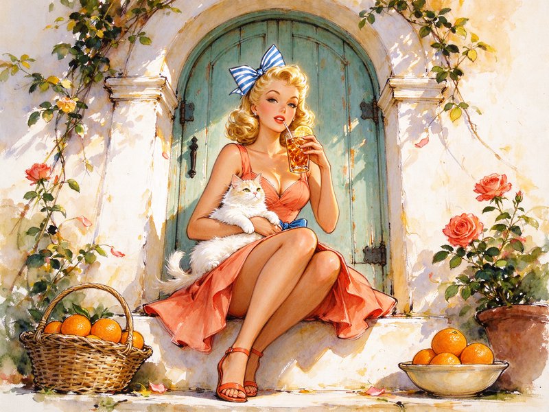 Retro pinup woman holding a fluffy white cat sips iced tea on a sunlit villa doorstep