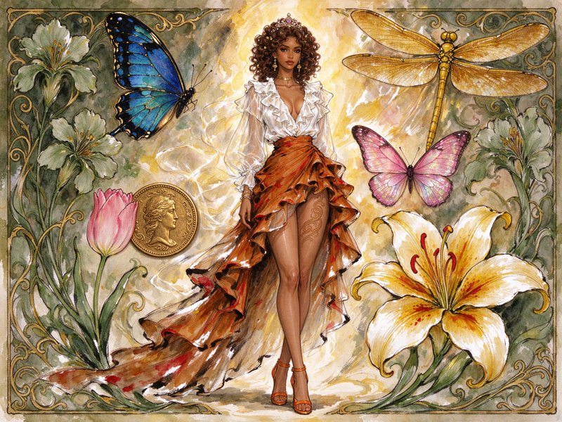 Elegant crowned Art Nouveau woman framed by butterflies, dragonfly, and delicate flowering botani...
