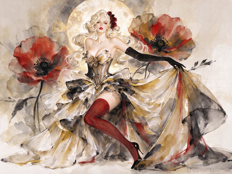 Glamorous blonde fantasy woman in an elaborate gown flanked by giant poppies under a glowing gold...