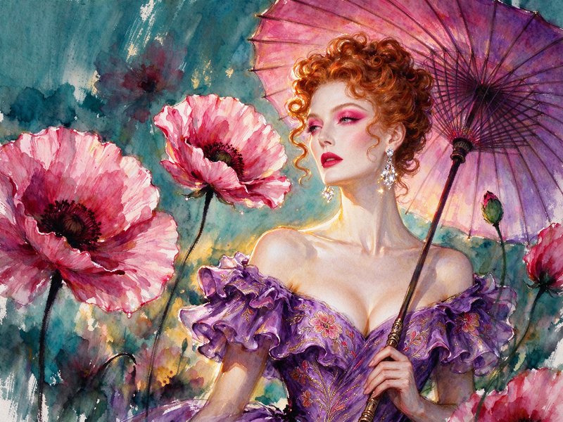 Elegant red-haired woman in a purple gown holds a parasol surrounded by large pink poppies
