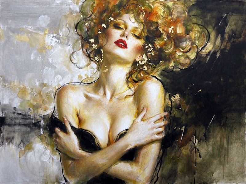 Expressive painted portrait of a woman with voluminous curly hair, head tilted back, eyes closed