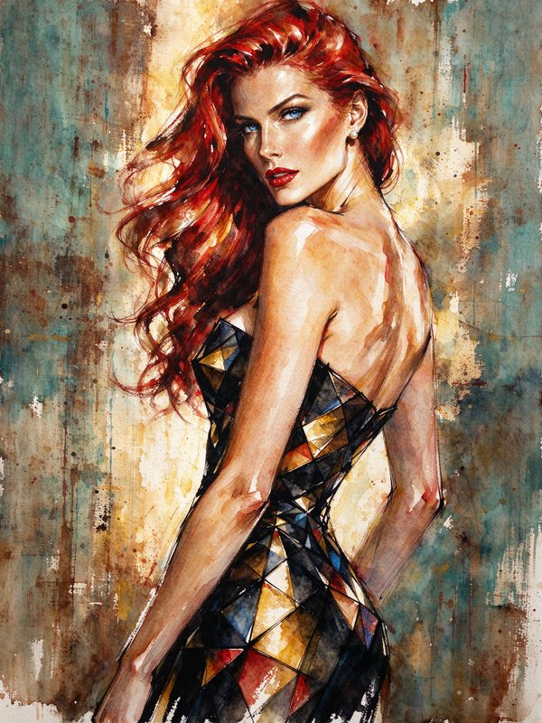 Painterly watercolor portrait of a glamorous red-haired woman glancing over her shoulder in a geo...