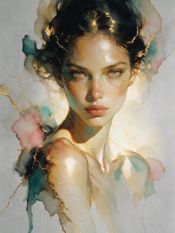 Ethereal watercolor portrait of a woman accented with shimmering gold lines and soft pastel ink w...