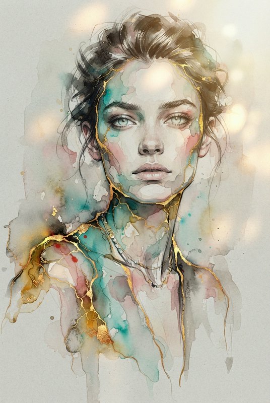 Ethereal watercolor portrait of a woman accented with delicate crackling gilded kintsugi-style go...