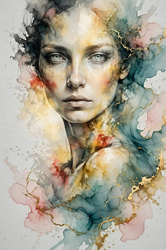 Ethereal watercolor portrait of a woman with delicate gilded kintsugi detailing and soft abstract...