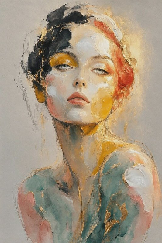 Textured impasto expressionist portrait of a woman with bold color blocks and metallic gold accents