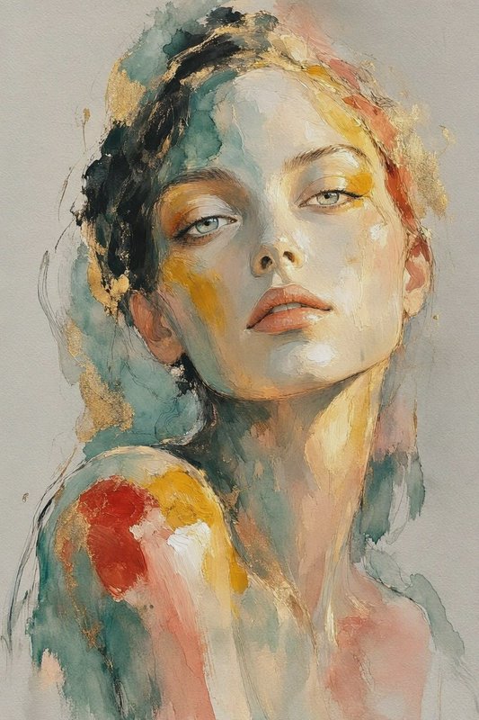Painterly abstract portrait of a serene woman with vibrant loose brushwork and metallic gold accents