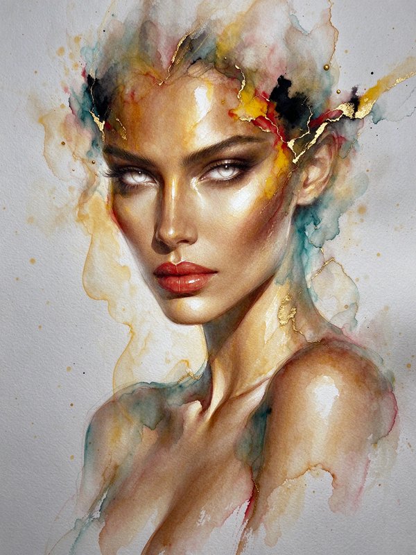 Abstract gilded watercolor portrait of a woman with fluid splashed ink surrounding her face and s...