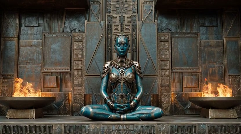 Blue-skinned armored humanoid goddess seated cross-legged on a ceremonial throne with two lit fir...