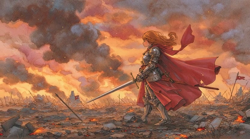 Fantasy female knight in armor with red cape stands amid a fiery, war-torn battlefield at sunset.