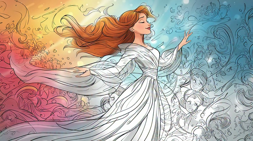Illustration of a woman in a flowing white dress dancing with colorful, swirling background.