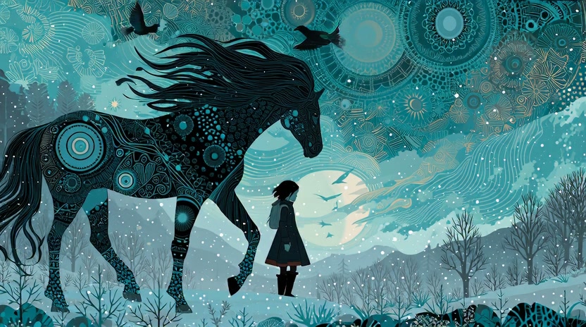 Silhouetted girl beside a giant, ornate mechanical horse in a snowy, moonlit forest.