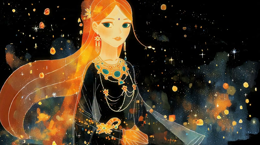 Illustrated woman with orange hair and turquoise jewelry against a dark, starry cosmic background.