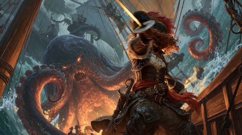 Pirate warrior clashing with a glowing Kraken aboard a stormy ship in a dynamic fantasy battle.