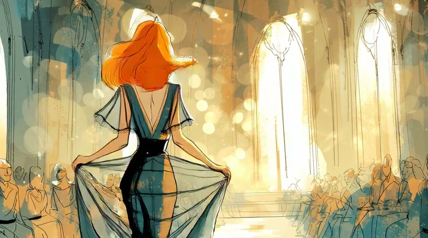 Woman with orange hair in a flowing teal gown struts a runway amid a bright, gilded hall.