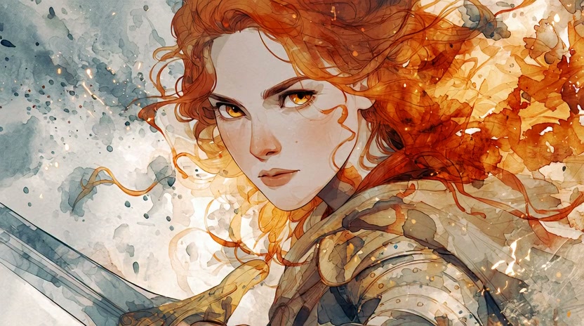 Watercolor-style portrait of a fiery-haired female warrior in armor with a sword.