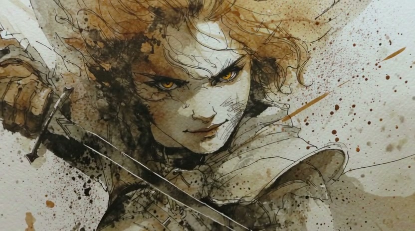 Dynamic watercolor illustration of a fierce orange-haired female warrior wielding a sword.