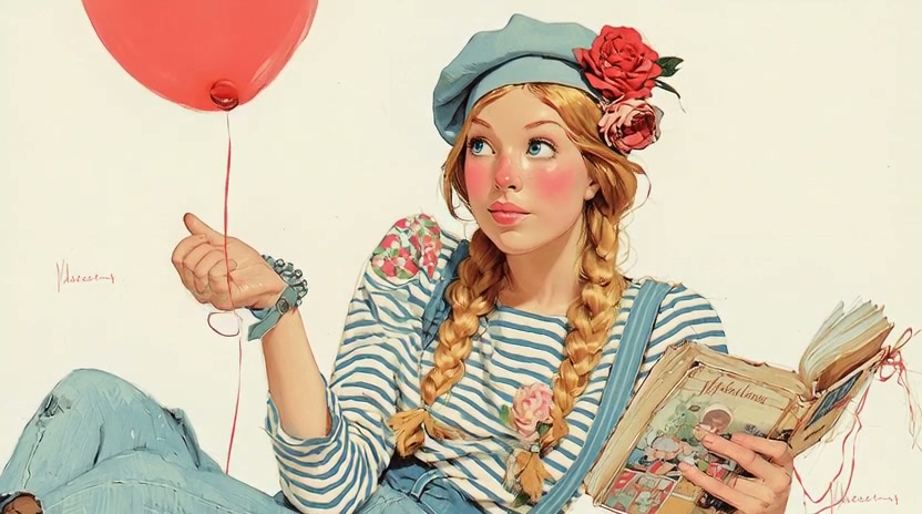 Vintage illustration of a girl with braided hair, striped shirt, blue beret, holding a red balloo...