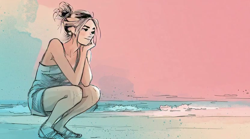Illustration of a woman sitting on the shore with a pastel pink sky and blue sea.