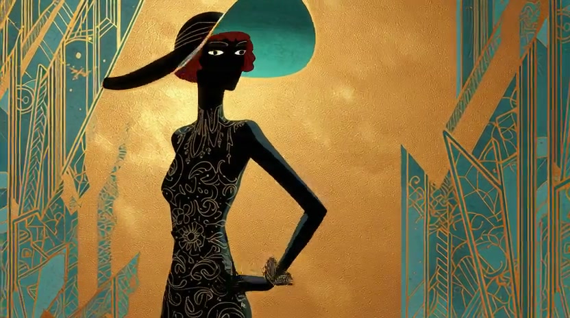 Silhouette of a stylish woman in a patterned dress and teal hat against a gold background