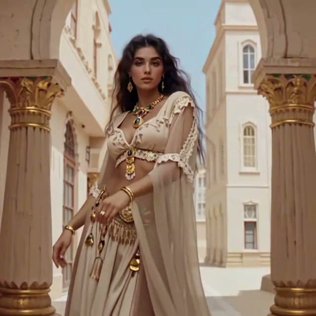 Woman in beige ornate sari with gold jewelry in a columned palace courtyard.
