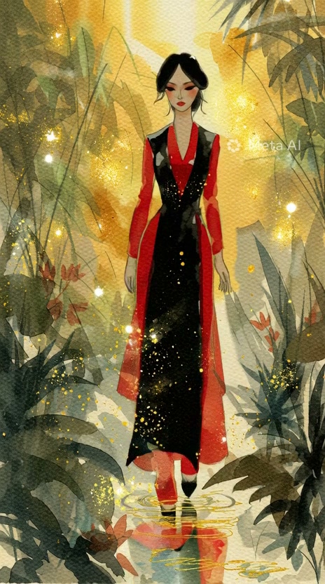 Illustrated woman in a red and black dress walks through a golden, glow-filled garden with reflec...