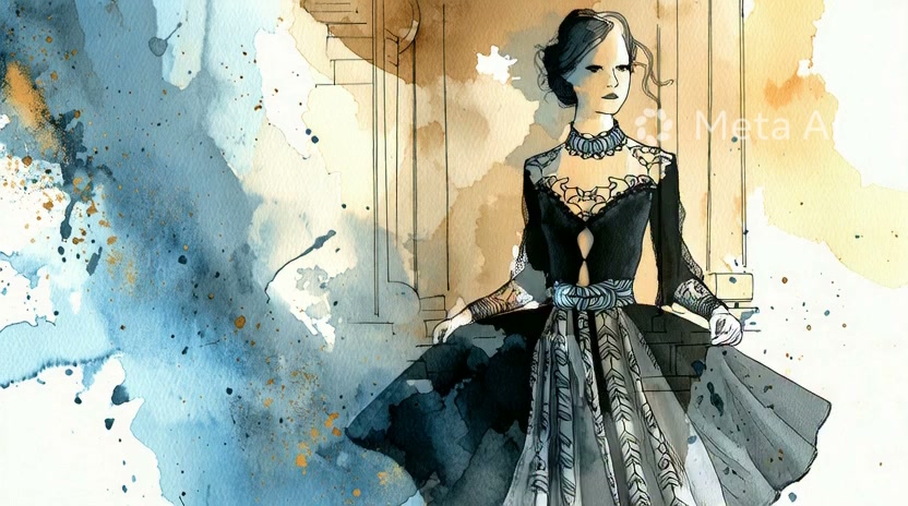 Watercolor fashion illustration of a woman in a Victorian-inspired black and gray gown.