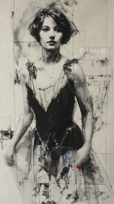 Monochrome charcoal sketch of a woman in a black dress with a confident gaze.
