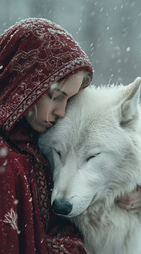 Woman in a red ornate hood cuddling a white wolf in snowfall.