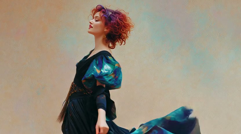 Woman with curly gradient red-purple hair poses gracefully in a flowing iridescent dress, eyes cl...