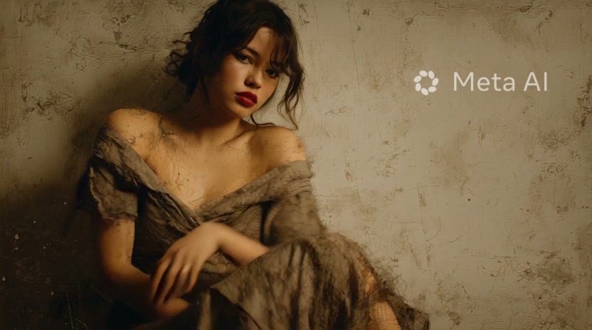 "Moody Meta AI generated portrait of a pensive young woman with red lipstick leaning against a we...