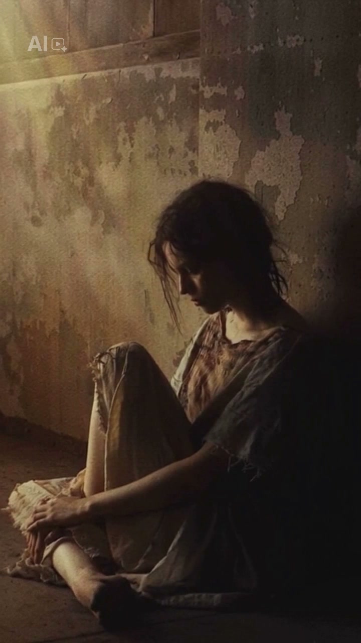 Distressed young woman in tattered clothes huddles alone against a peeling concrete wall in a dim...