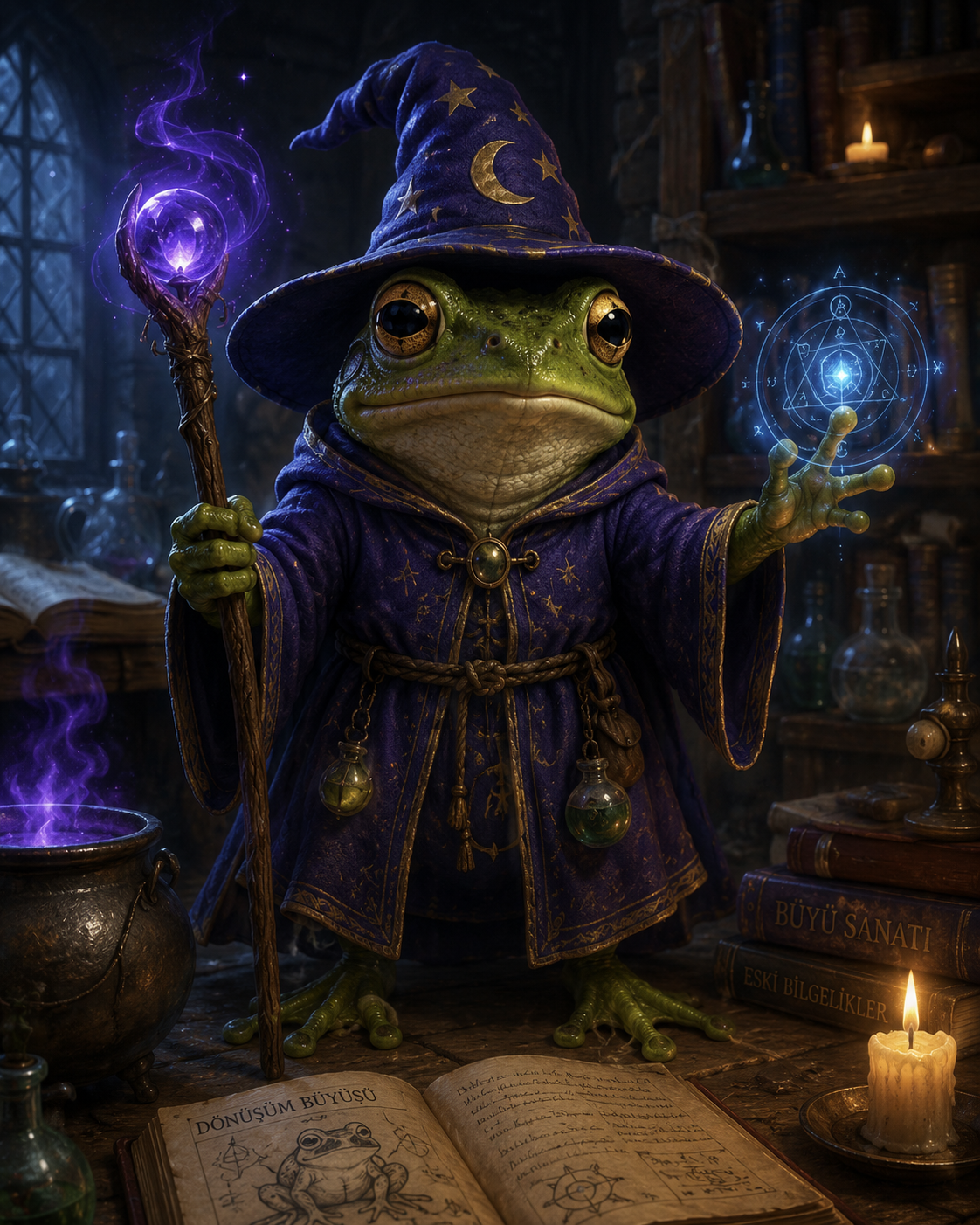 Animated frog wizard in blue robes with a staff and glowing magic circle.