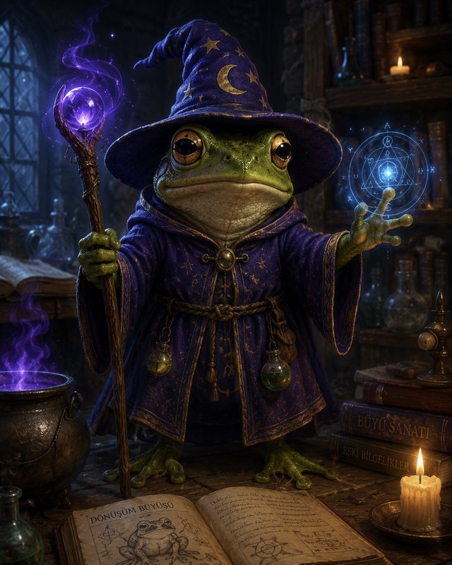 Animated frog wizard in blue robes with a staff and glowing magic circle.