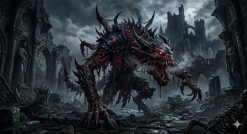 Menacing dragon-demon with red glowing eyes in a ruined medieval cityscape.