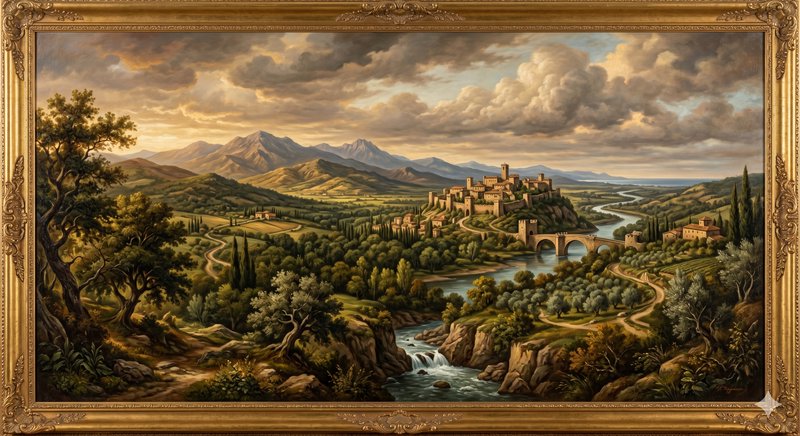 Landscape painting of a hilltop castle with a winding river, stone bridge, and lush countryside.