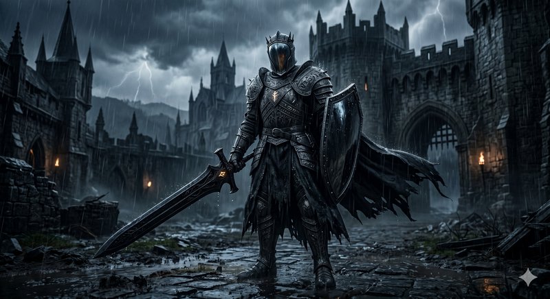 Armored medieval knight in rain with sword and shield before stormy castle gates.