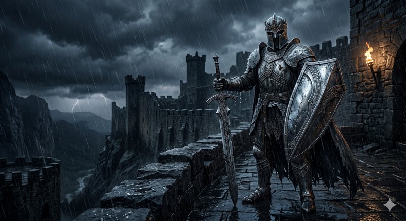 Knight in ornate plate armor with sword and shield on stormy fortress battlements.